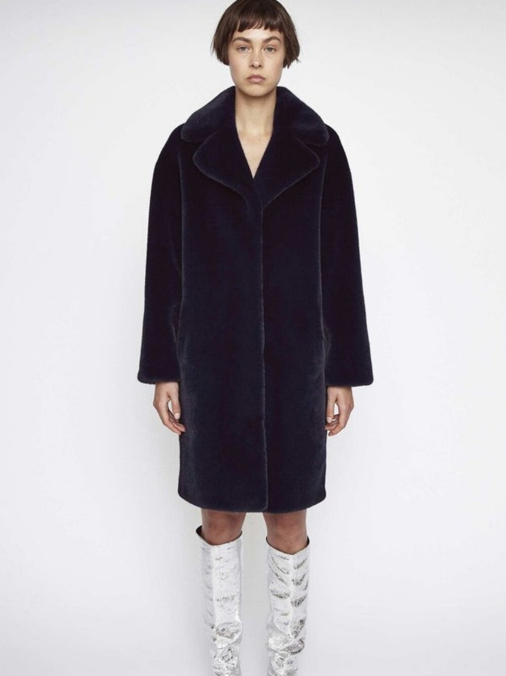 Camille Cocoon Coat By Stand Studio In Navy Faux Fur Mid length Oversized M